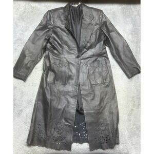 Vintage Newport News Trench Coat Women L Black Leather LACE Long Button Lined‎
